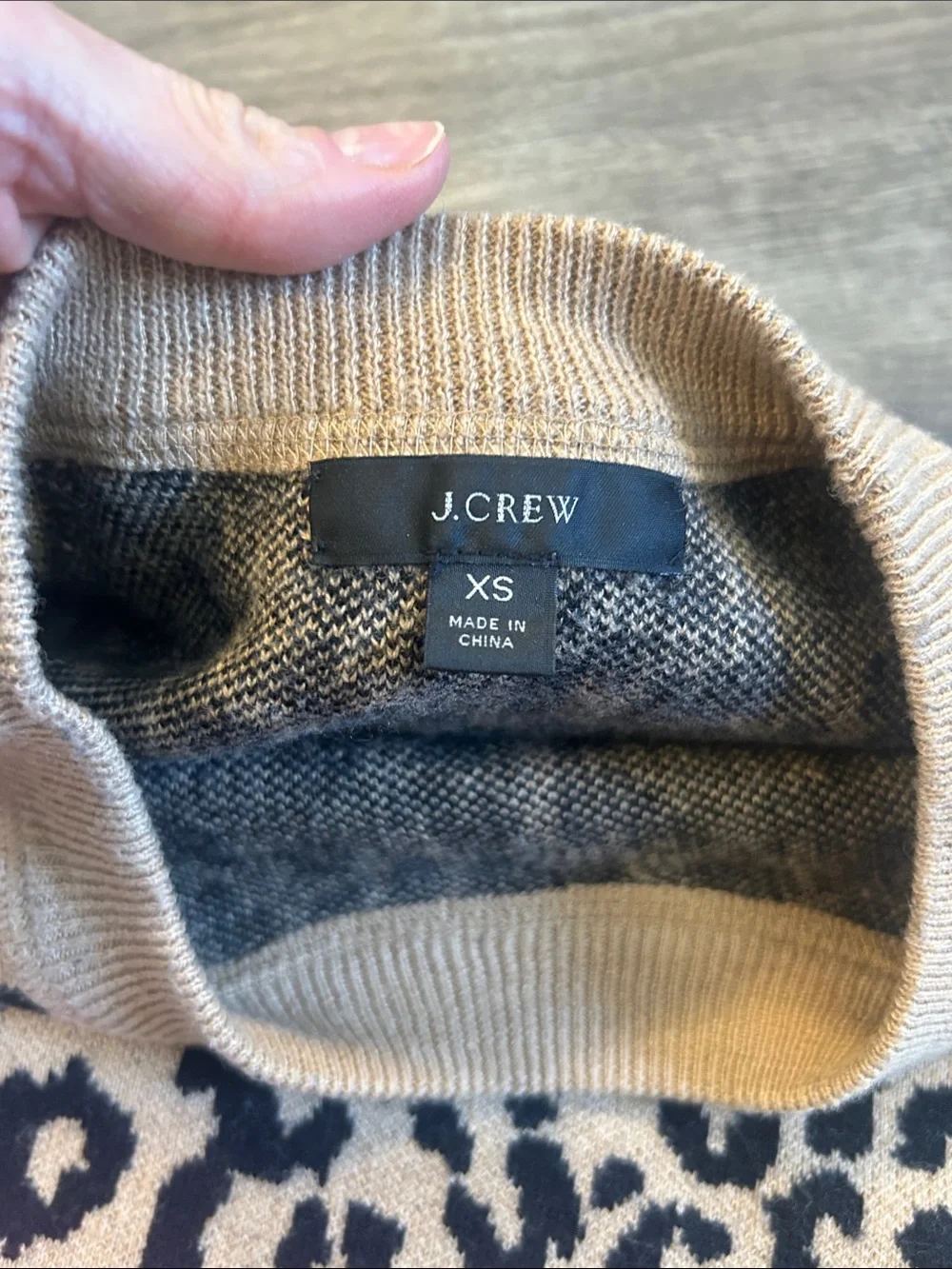 J. Crew Leopard Print Merino Wool Blend Sweater XS Tan Black Animal Pullover